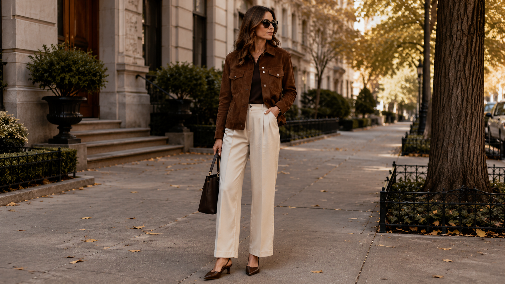 Chocolate Brown Suede Jacket with Pleated Cream Trousers and Slingbacks Fall Outfit